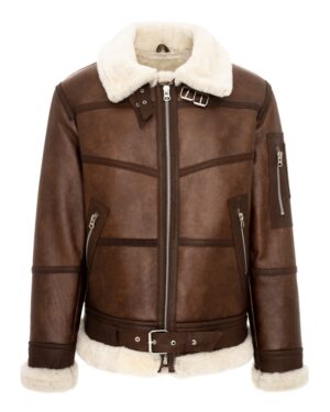 Kożuch męski w brązowym kolorze z futrzanym kołnierzem i paskiem w dolnej części, z kieszeniami na suwak