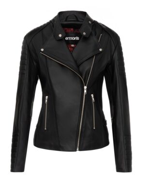 Kurtka skórzana damska w kolorze czarnym z asymetrycznym zapięciem i pikowanymi detalami na rękawach