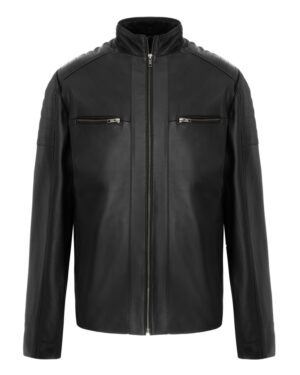 Kurtka skórzana męska w kolorze czarnym z zamkiem błyskawicznym i kieszeniami na piersiach