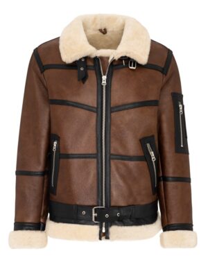 Kożuch męski w brązowym kolorze z futrzanym kołnierzem i czarnymi detalami oraz paskiem w talii