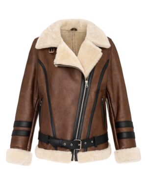 Kożuch damski w kolorze brązowym z futrzanym kołnierzem i paskiem, z zamkiem błyskawicznym i skórzanymi detalami