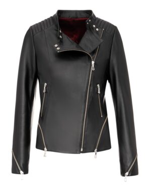 Damska ramoneska skórzana w czarnym kolorze z asymetrycznym zapięciem i metalowymi zamkami na rękawach