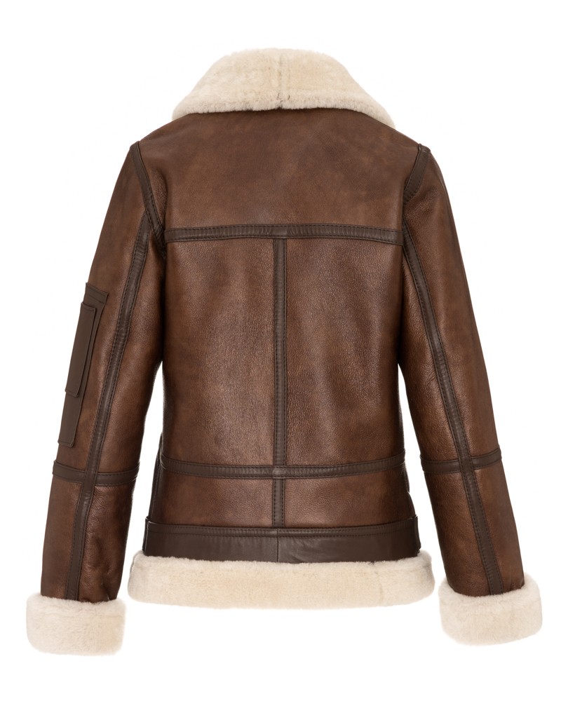 Kożuch damski z futrzanym kołnierzem i mankietami, klasyczny krój z detalami na rękawach