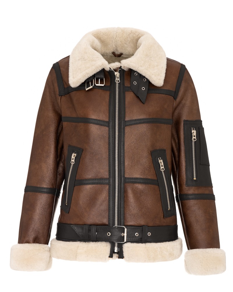 Kożuch damski w brązowym kolorze z futrzanym kołnierzem i paskiem w talii