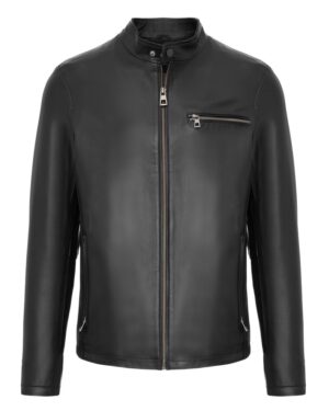 Kurtka skórzana męska w kolorze czarnym, z kołnierzem, zamkiem i kieszenią na piersi