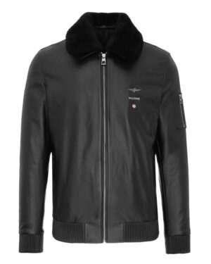 Kurtka lotnicza w kolorze czarnym z futrzanym kołnierzem i elastycznymi mankietami