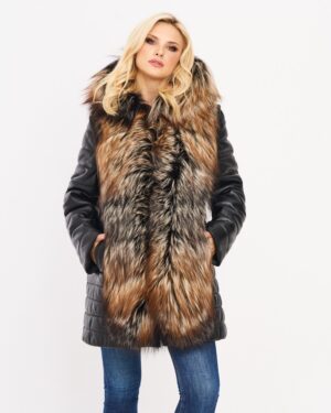 Płaszcz skórzany damski z naturalnym futrem, czarny, z dużym kołnierzem i kieszeniami, idealny na zimowe dni