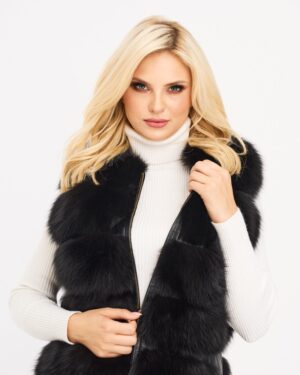 Kamizelka skórzana z czarnego futra, z zamkiem błyskawicznym i kołnierzem, idealna na zimowe dni