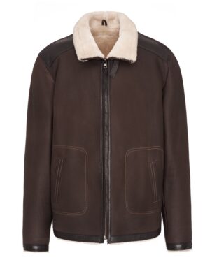 Kożuch męski w ciemnym brązie z miękkim futrem i skórzanymi detalami, z dwoma kieszeniami i zapięciem na zamek