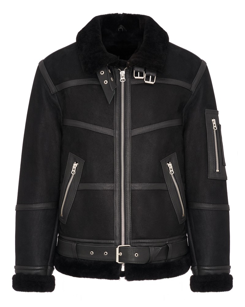 Kożuch męski w kolorze czarnym z futrzanym kołnierzem i paskiem w talii, z kieszeniami na suwak