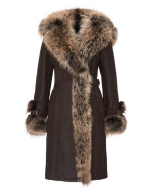 Kożuch damski w kolorze ciemnobrązowym z futrzanym kołnierzem i rękawami, z paskiem w talii