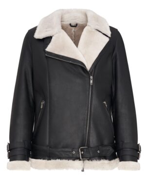 Kożuch damski w kolorze czarnym z futrzanym kołnierzem i paskiem w talii