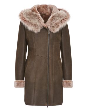 Kożuch damski w kolorze brązowym z futrzanym kołnierzem i mankietami, zapinany na zamek