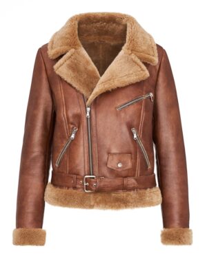 Kożuch damski w kolorze brązowym z futrzanym kołnierzem i paskiem w talii