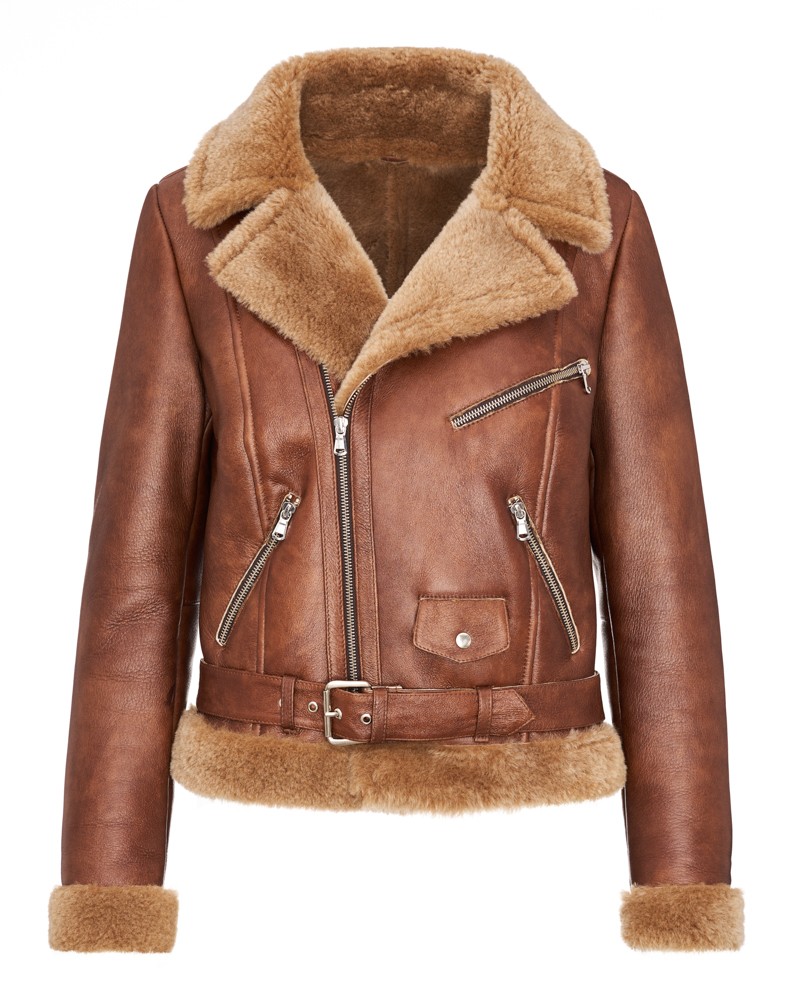 Kożuch damski w kolorze brązowym z futrzanym kołnierzem i paskiem w talii