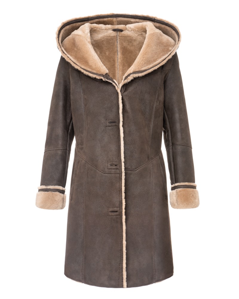 Kożuch damski w kolorze ciemnoszarym z kapturem i futrzanym wykończeniem przy rękawach i kołnierzu