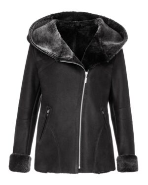 Kożuch damski z kapturem i futrzanym wykończeniem, zapinana na zamek z bocznymi kieszeniami