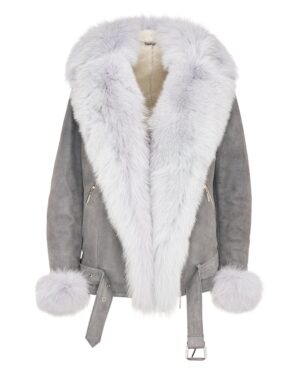 Kożuch damski w szarym kolorze z szerokim futrzanym kołnierzem i mankietami z futra