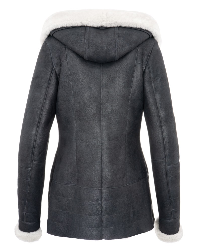 Kożuch damski z kapturem i futrzanym wykończeniem, dopasowany krój z przeszyciami