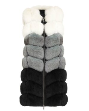 Kamizelka futrzana w odcieniach bieli, szarości i czerni, z suwakiem i eleganckim kołnierzem