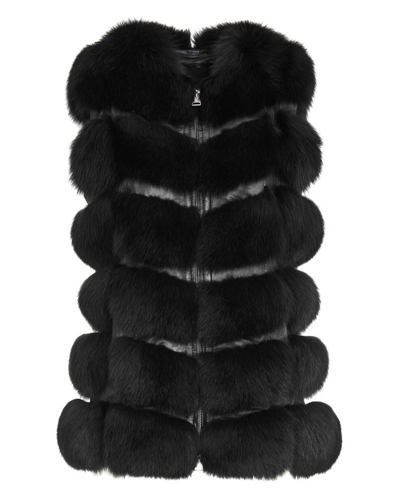 Kamizelka futrzana w kolorze czarnym, z efektownym futrzanym wykończeniem i zamkiem błyskawicznym