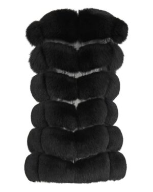 Kamizelka futrzana w czarnym kolorze, o eleganckim kroju z efektownymi przeszyciami i miękką teksturą