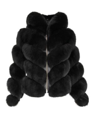 Futro naturalne w kolorze czarnym, z eleganckim kołnierzem i zamkiem błyskawicznym z przodu