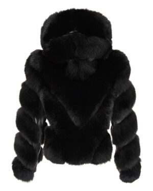 Futro naturalne w kolorze czarnym z wysokim kołnierzem i stylowymi, falbaniastymi rękawami