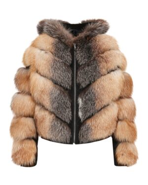Futro naturalne w odcieniach brązu, z kapturem, zapinane na zamek, o modnym kroju i puszystym wykończeniu