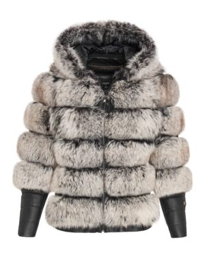 Futro naturalne w odcieniach szarości z kapturem, z wykończeniem ze skóry na rękawach