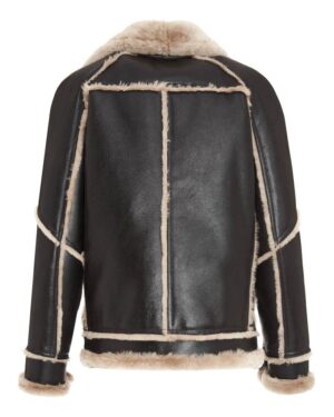 Brązowy kożuch damski z jasnym futrem, prosty krój, szeroki kołnierz i mankiety z futra