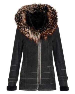Kożuch damski z futrzanym kapturem i ozdobnym przeszyciem, idealna na zimowe dni