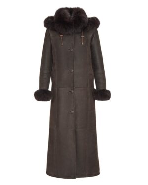 Kożuch damski w kolorze ciemnego brązu z futrzanym kołnierzem i długim krojem, z guzikami i ściągaczem