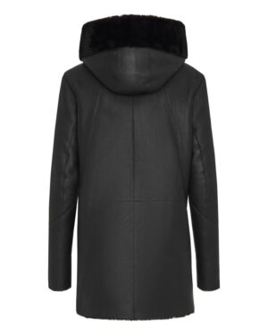 Kożuch damski z kapturem i futrzanym kołnierzem, elegancki krój z długimi rękawami