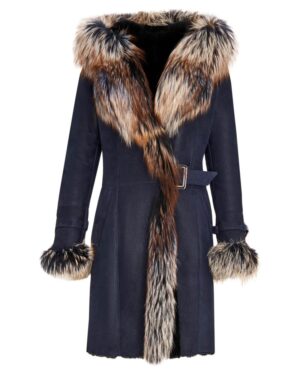 Kożuch damski w kolorze granatowym z futrzanym kołnierzem i rękawami, z paskiem w talii