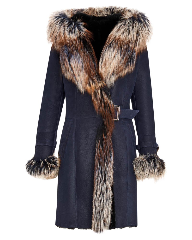 Kożuch damski w kolorze granatowym z futrzanym kołnierzem i rękawami, z paskiem w talii