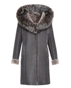 Kożuch damski w szarym kolorze z dużym futrzanym kapturem i eleganckimi guzikami