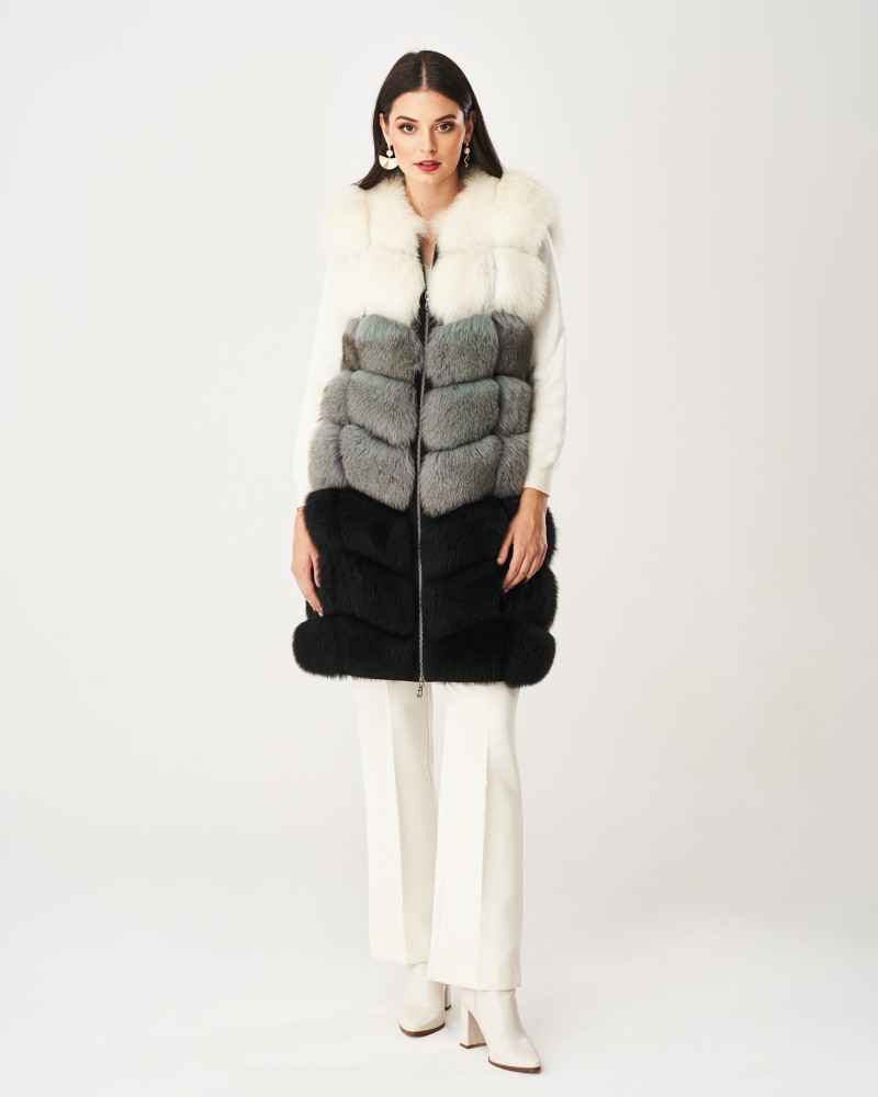 Kamizelka futrzana w odcieniach szaro-czarnego z futrzanym kołnierzem i zamek błyskawiczny