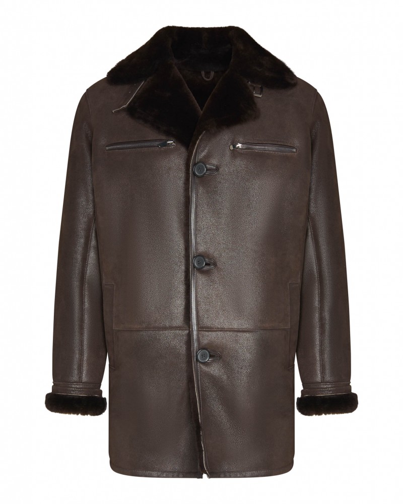 Kożuch męski w kolorze ciemnobrązowym z futrzanym kołnierzem i zapięciem na guziki