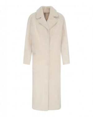 Kożuch damski w jasnym kolorze, o prostym kroju z kołnierzem, idealny na zimowe dni