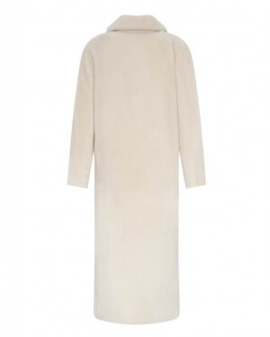 Kożuch damski w jasnym odcieniu, długi krój z klasycznym kołnierzem i prostymi rękawami