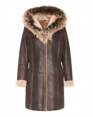 Ciepły kożuch damski w kolorze brązowym z futrzanym kapturem i miękkimi mankietami