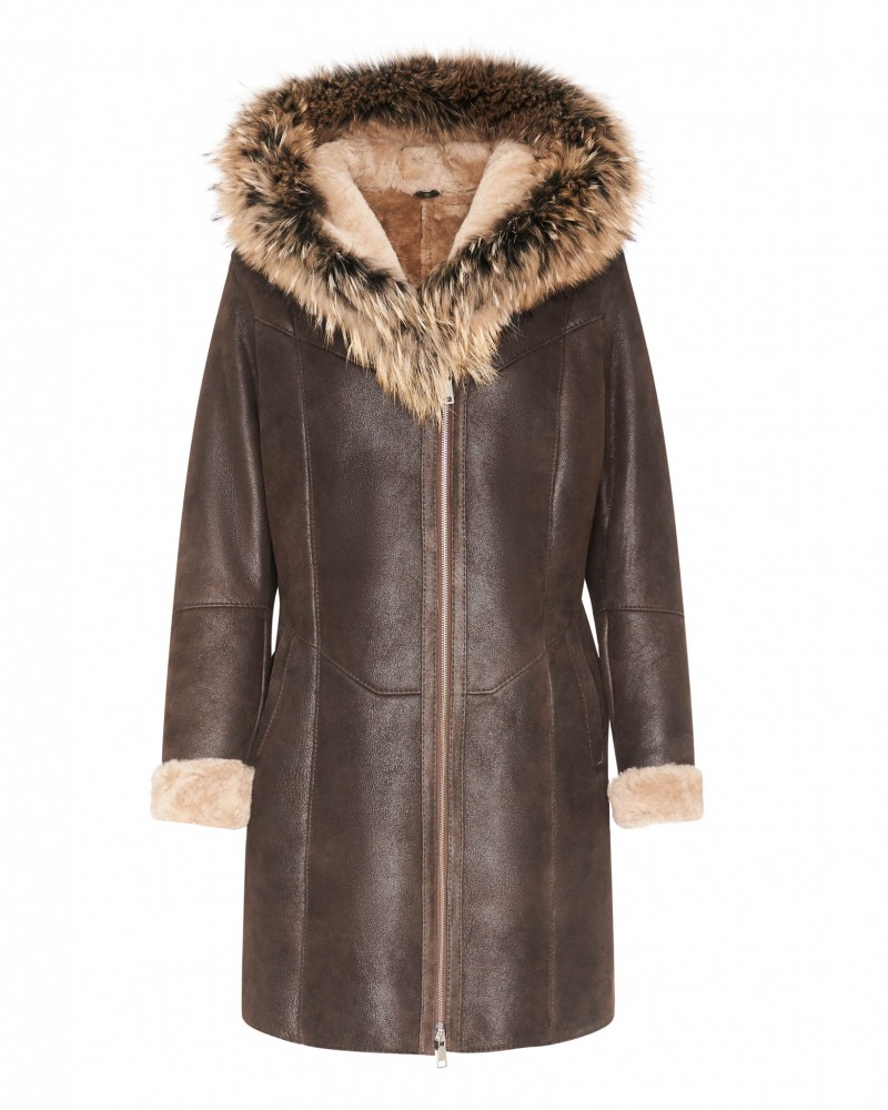 Ciepły kożuch damski w kolorze brązowym z futrzanym kapturem i miękkimi mankietami