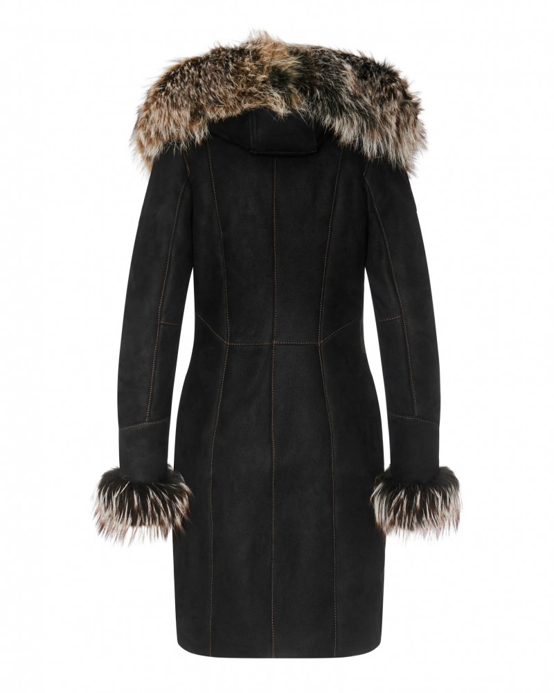 Kożuch damski w kolorze czarnym z futrzanym kapturem i mankietami, elegancki i ciepły, idealny na zimowe dni