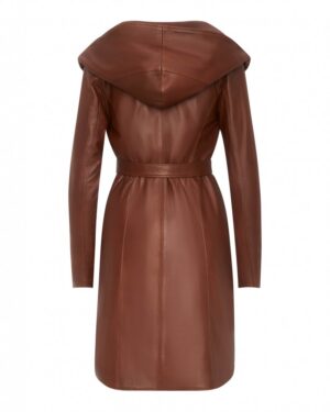 Płaszcz skórzany damski w brązowym kolorze z kapturem i paskiem w talii, elegancki krój