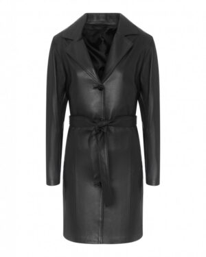 Płaszcz skórzany damski w kolorze czarnym z długim rękawem, kołnierzem i paskiem w talii