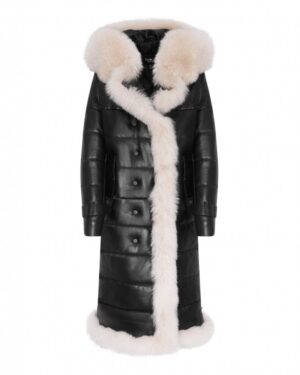 Czarny płaszcz skórzany damski z futrzanym kołnierzem i guzikiem, idealna na zimowe dni