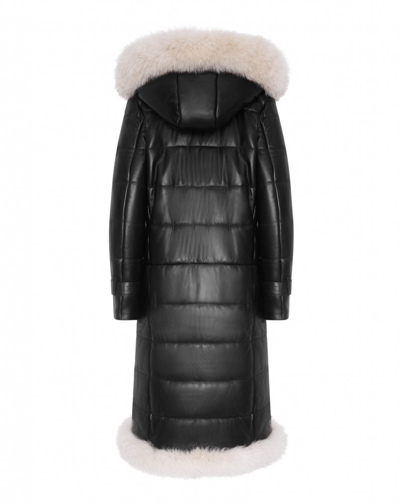 Płaszcz skórzany damski z kapturem i futrzanym wykończeniem na dole oraz przy kołnierzu