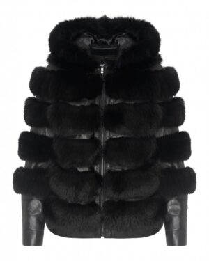 Kurtka skórzana damska z czarnym futrem, zapinana na zamek, z kapturem i stylowymi pasami futra