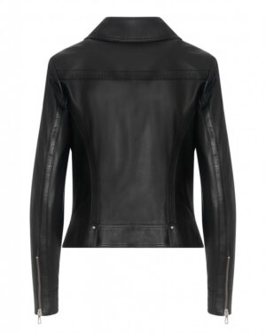 Kurtka skórzana damska w kolorze czarnym, z prostym krojem i długimi rękawami ze srebrnymi zamkami